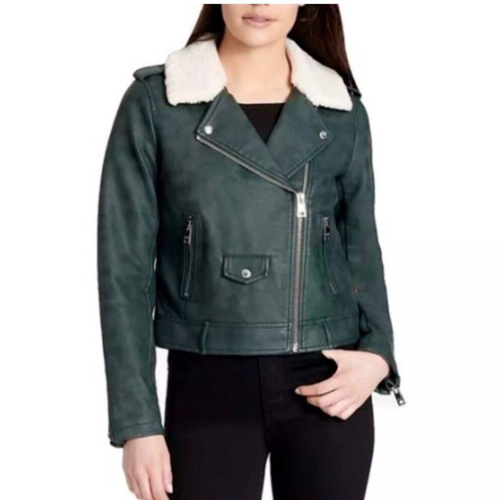 Levi's Women's Green Faux Leather Moto Jacket with Shearling Collar